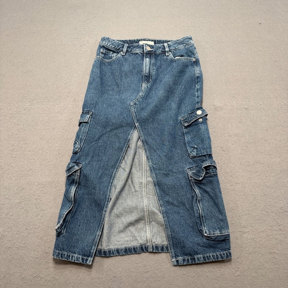 Garage Cargo Maxi Skirt Women's Small Blue Denim High Waisted Front Slit Utility